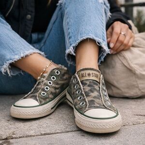 Converse All Star Camo Slip On Sneakers Size 7 Women Distressed